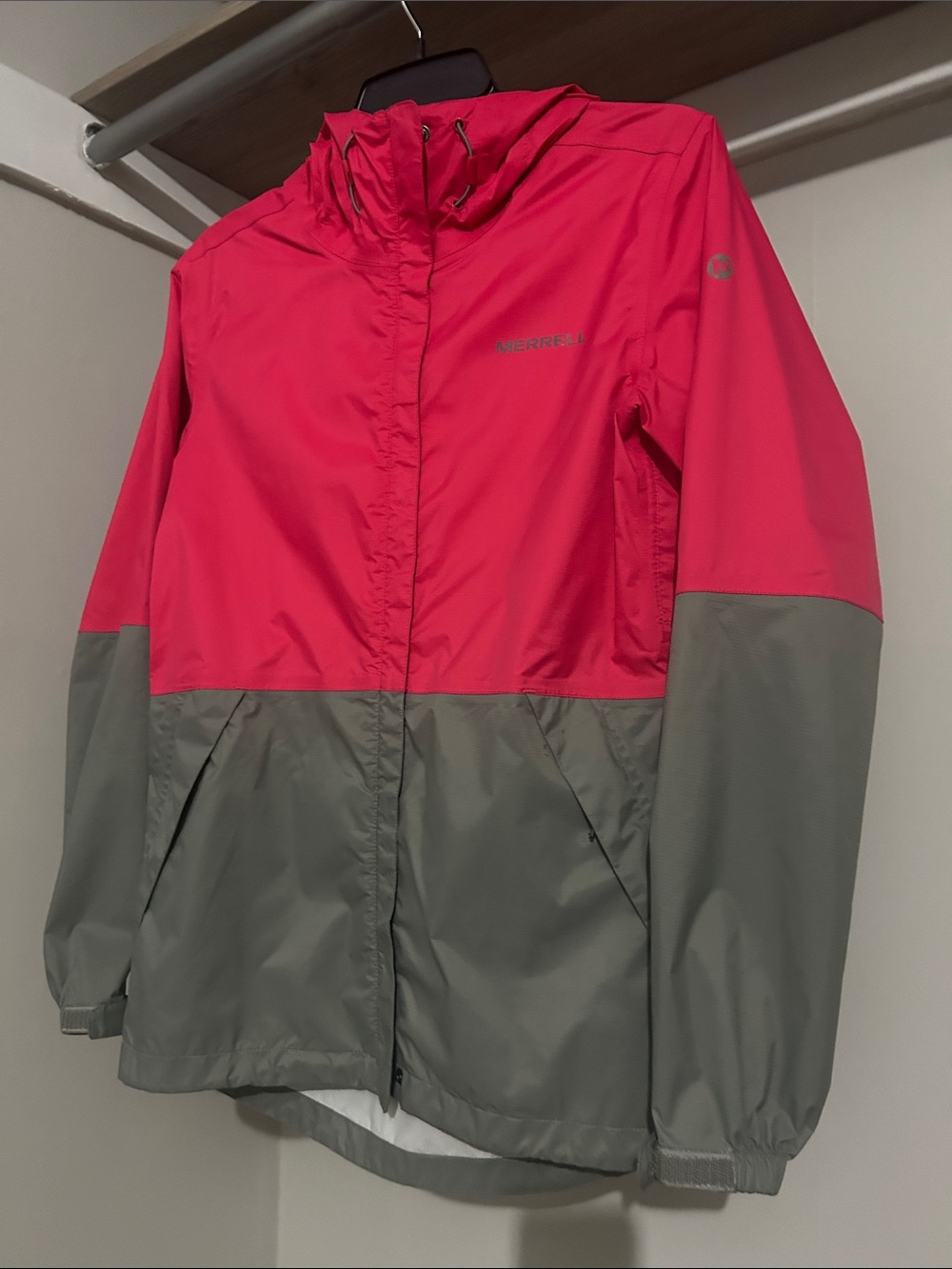 Merrell Two-Tone Hooded Rain Jacket — Pink & Gray